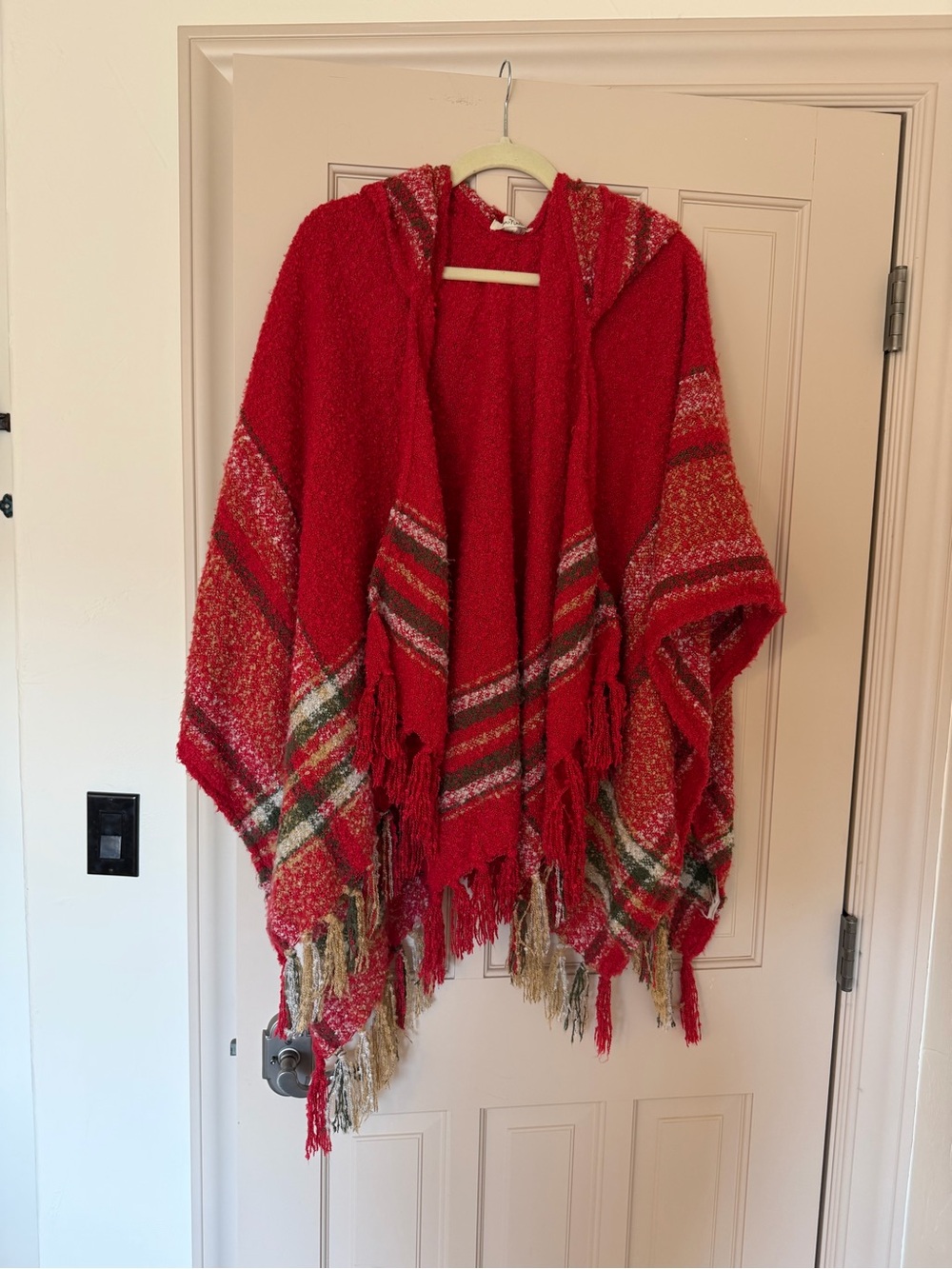 Simply Noelle Red Hooded Fringed Poncho with Multicolor Stripes